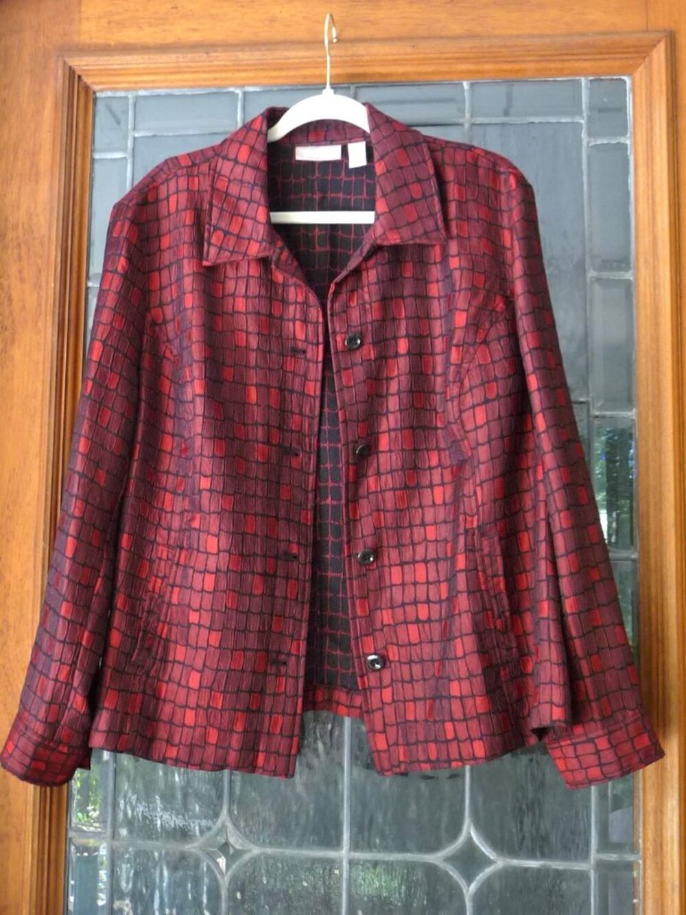 Chico's Size 3 XL Burgundy Red Black Textured Mosaic Statement Jacket